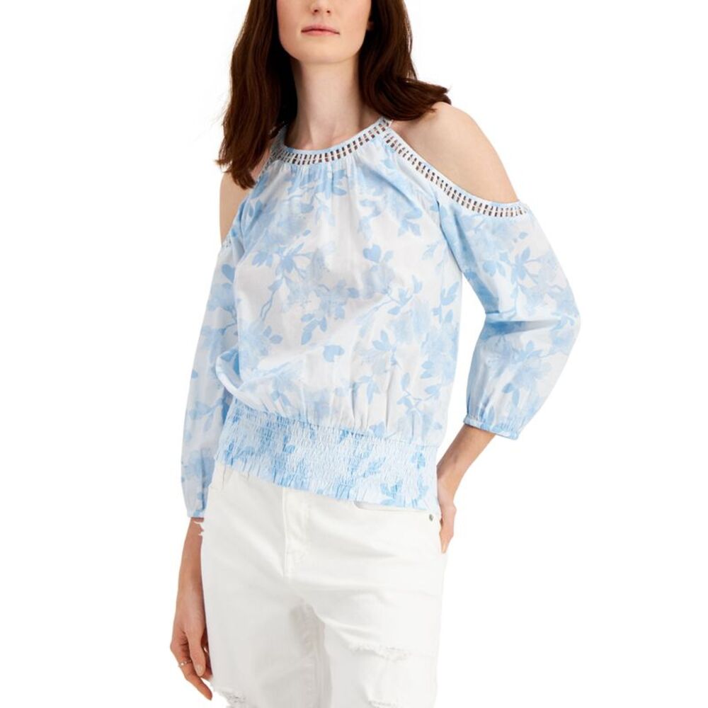 INC International Concepts Womens Floral Cold Shoulder Puff Sleeve Top